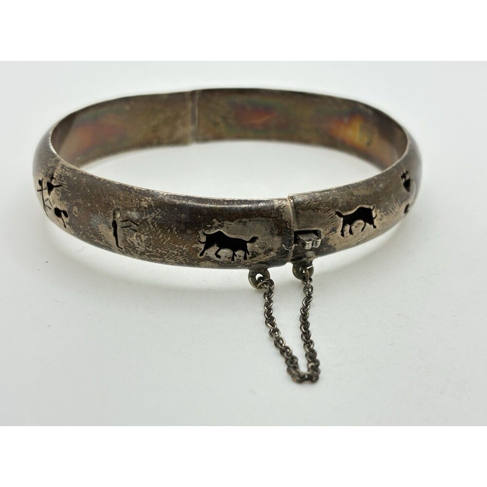 Storyteller Hinged Bangle Bracelet VTG Sterling Silver Taxco Mexico Signed JCC